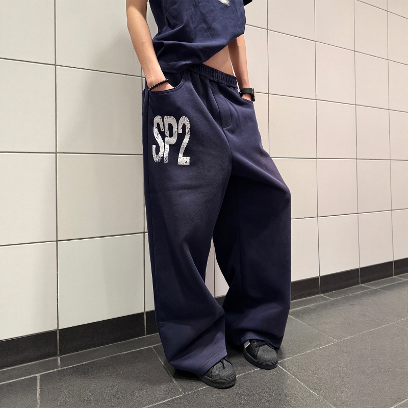 美式复古字母印花松紧腰卫裤