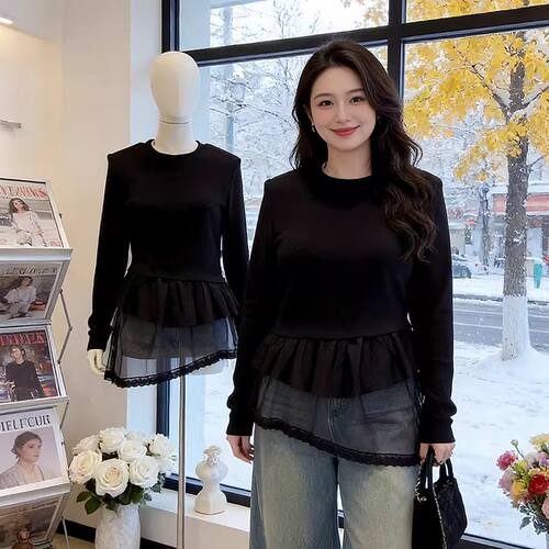 早春大码显瘦网纱长袖T恤