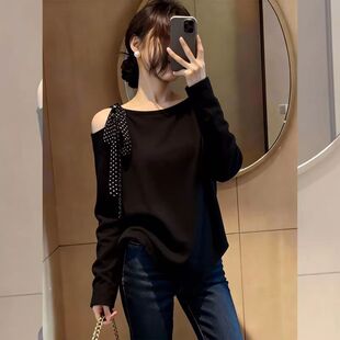 新款 t恤女春季 胖mm显瘦遮肉上衣 设计感波点系带露肩2026长袖 大码