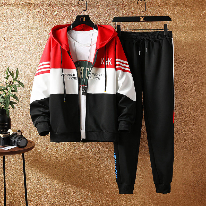 2021 spring sweater suit men's hooded casual junior high school two piece school uniform sportswear