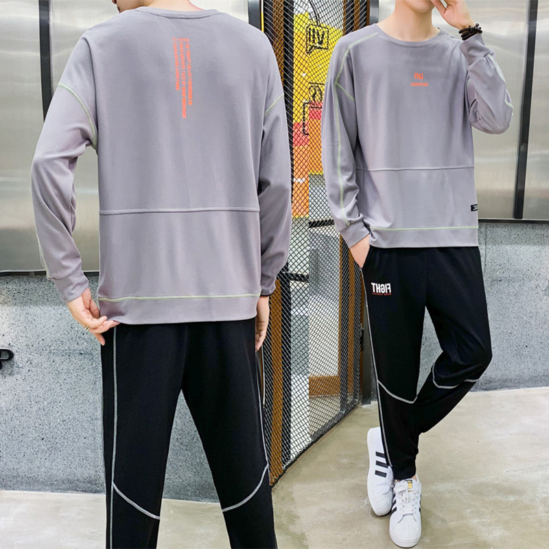 2021 spring new long sleeve loose fitting sweater casual round neck youth sports popular suit for men