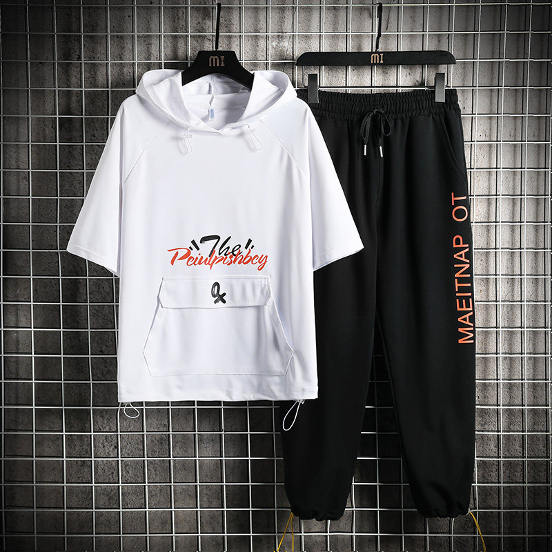 青少年夏季T恤青春帥氣流行寬鬆五分袖連帽休閒套裝男