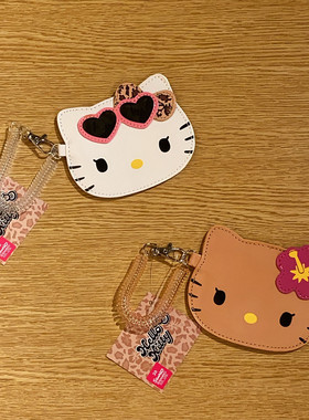 日系海边度假黑皮卡通可爱猫咪PU可伸缩卡套学生饭卡保护套包挂饰