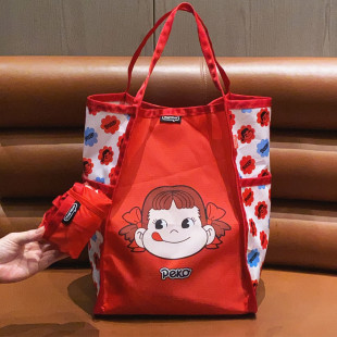 日系卡通牛奶妹印花手提单肩购物袋可爱大容量环保袋可折叠收纳袋