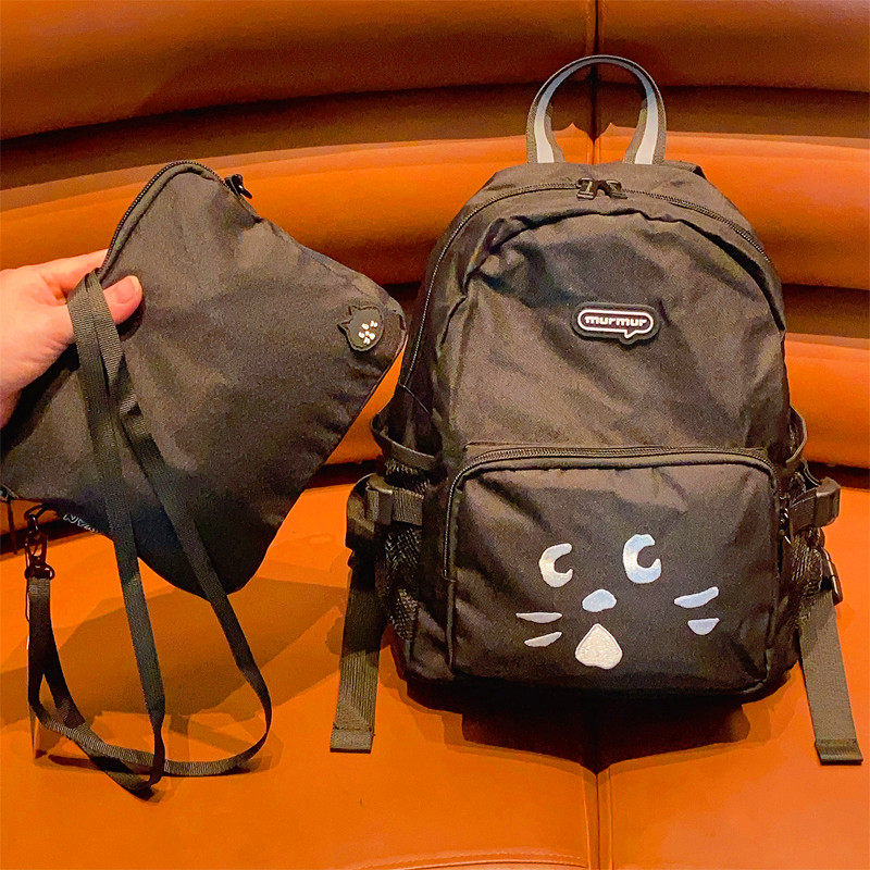 日单卡通可爱刺绣惊讶猫双肩包折叠小背包可套拉杆箱斜跨包两件套