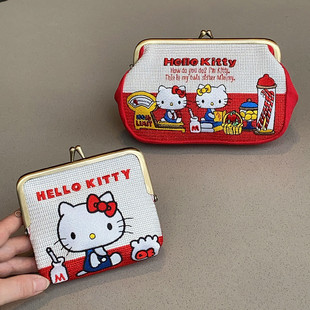 日系卡通猫咪帆布刺绣口金包可爱夹子包化妆包耳机零钱卡包手拿包