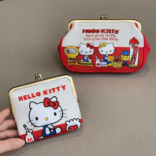 日系卡通猫咪刺绣口金包手拿包