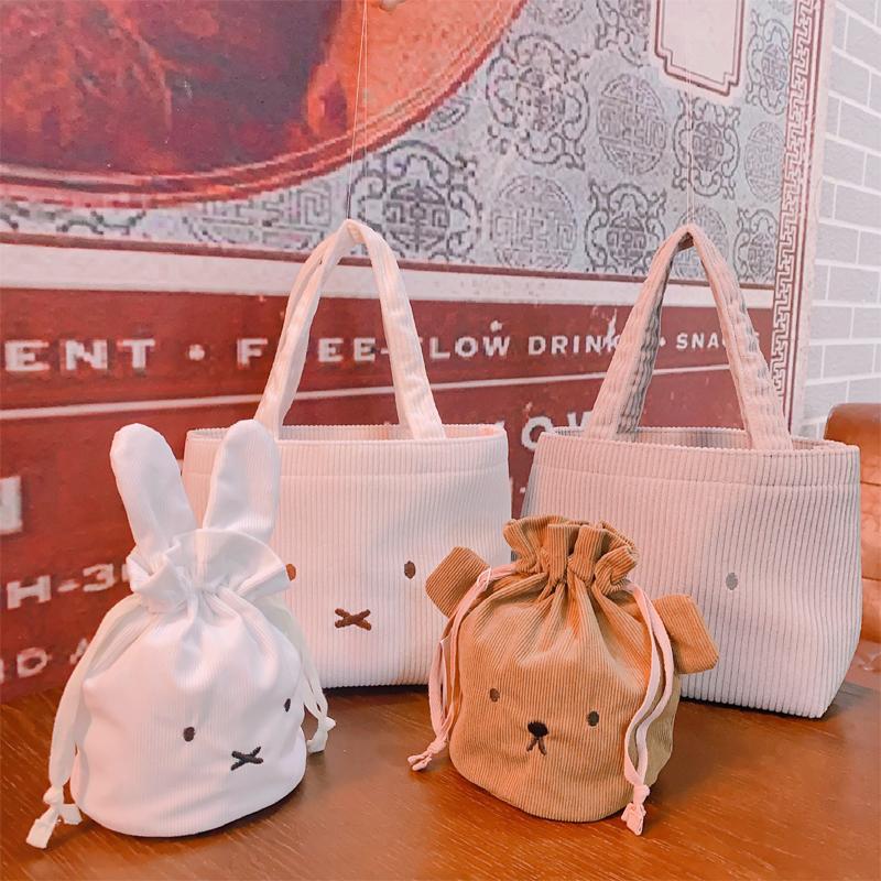 日系可爱兔子小熊刺绣灯芯绒抽绳束口袋化妆品杂物收纳包手提袋