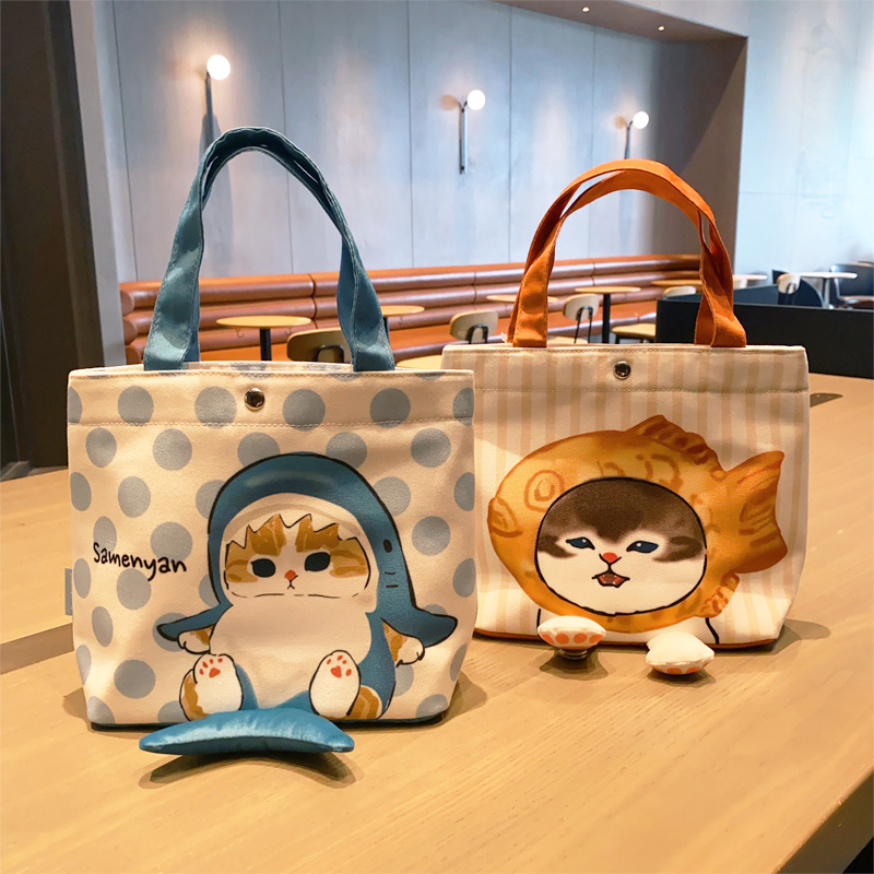日系卡通可爱鲨鱼猫帆布手提袋日常上班通勤女包手拎波点纹便当袋