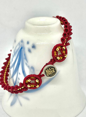 贺岁新春红手绳纯手工成品铜钱盘扣手链日进斗金s925纯银尾扣编绳