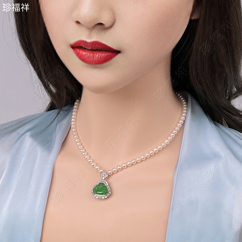 帝王绿天然翡翠玉佛正圆珍珠项链