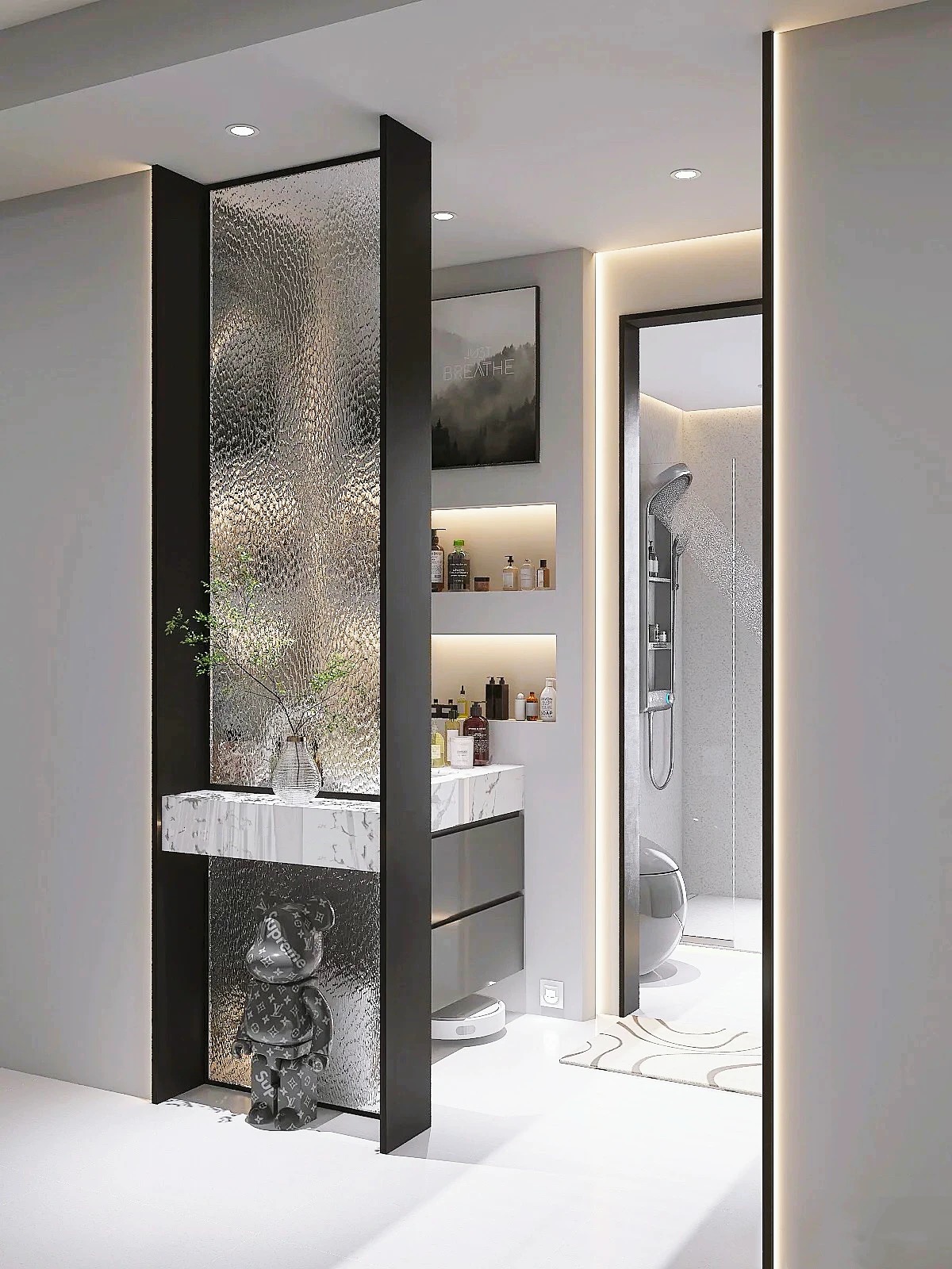 轻奢风入户玄关隔断钢化玻璃屏风浴室洗手台半截干湿分离置物架