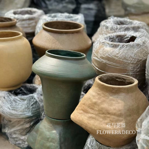 花与花器 复古做旧手工镁泥盆 陶罐 陶瓷盆 室内桌面绿植盆栽花盆