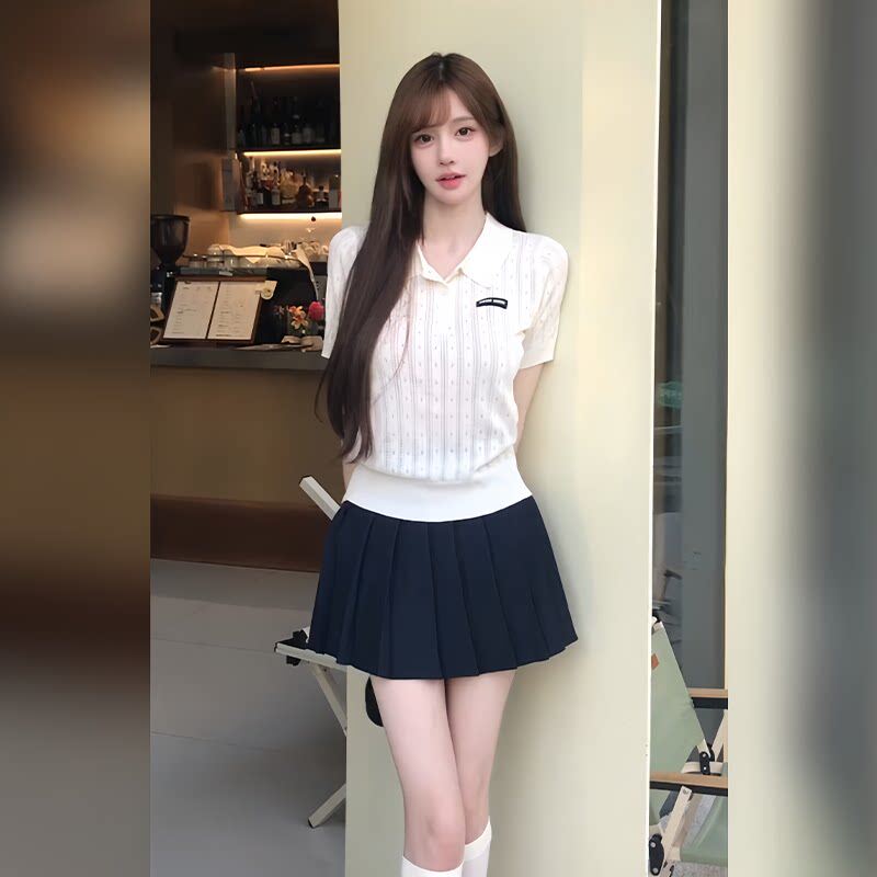 韩系白色刺绣短袖针织衫女夏季小个子高腰显瘦百褶半身裙两件套装