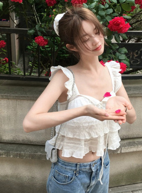荷叶边夏季女装日常纯色花边吊带韩系ins甜美白色小飞袖短款上衣