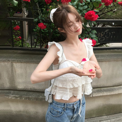 夏季白色甜美小飞袖纯色吊带