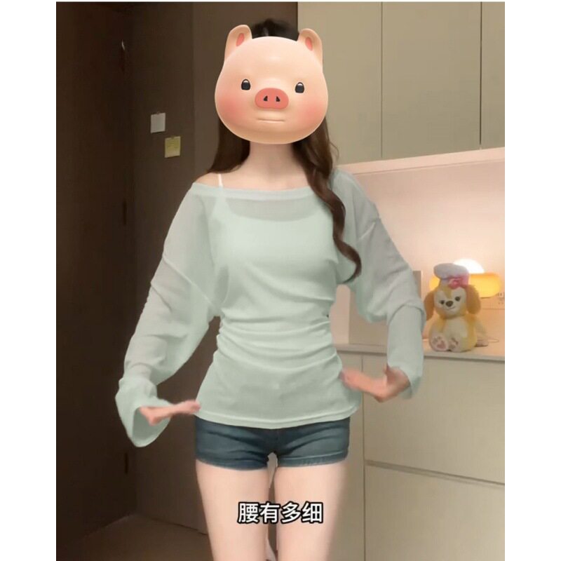 绿色绑带罩衫轻薄纱上衣女初夏季性感穿搭韩系chic镂空一字肩外搭
