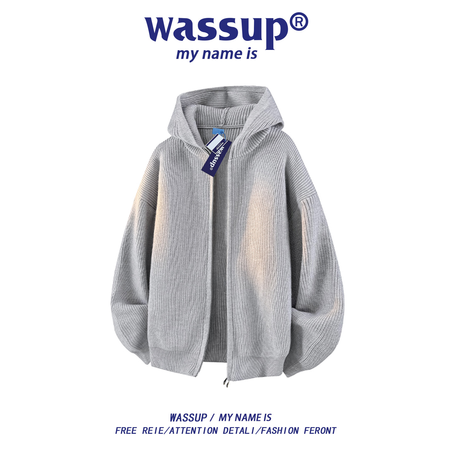 WASSUP美式连帽拉链针织开衫毛衣