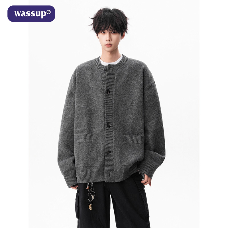 wassup 美式灰色针织毛衣外套男秋季新款宽松休闲慵懒风情侣开衫