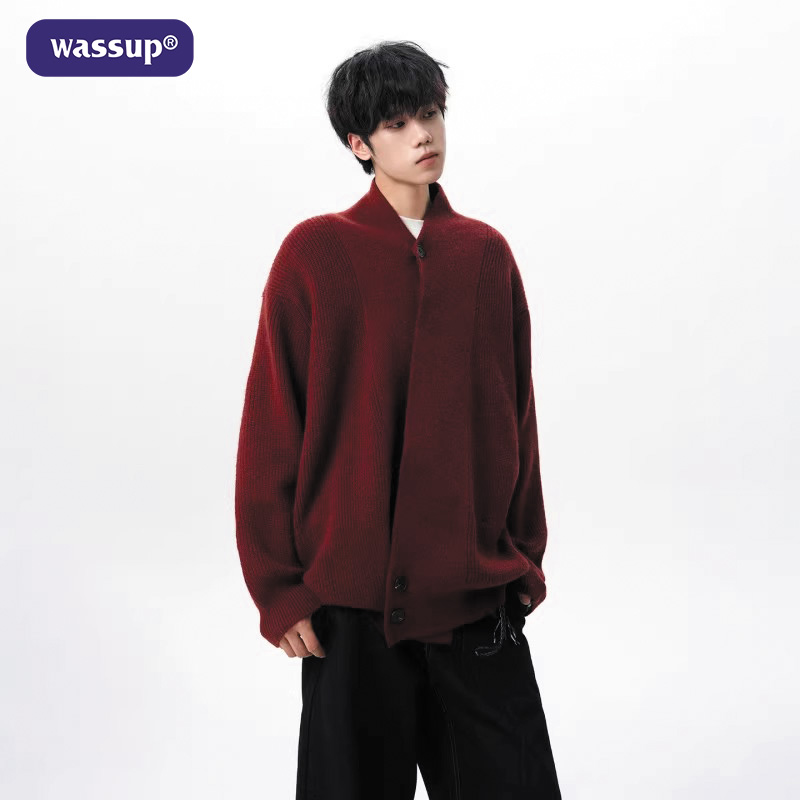 酒红色针织开衫毛衣汉服