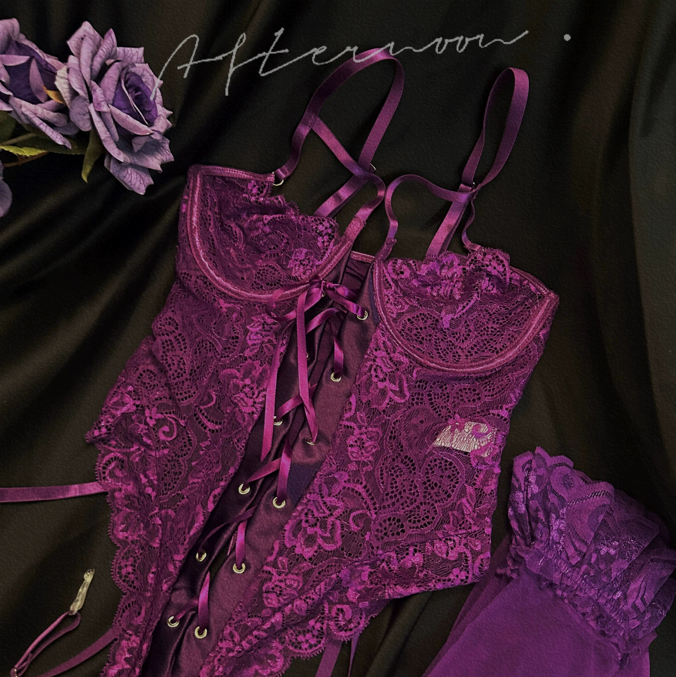 Ner Ner魅紫*性感蕾丝绸面拼接绑带吊带连体衣紫色韵味内衣