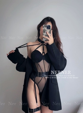 NERNER【着迷】网纱吊带袜腿环交叉绑带性感显瘦连体内衣套装