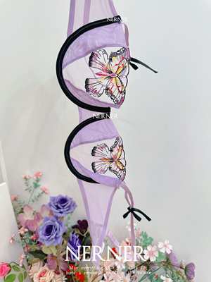NERNER紫蝶*网纱性感刺绣蝴蝶文胸套装女薄款透气聚拢内衣