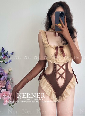 NERNER 安妮* 蝴蝶结柔纱拼接纯欲女仆风乖巧角色连体内衣 超显白