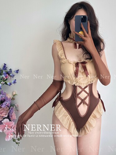 NERNER 安妮* 蝴蝶结柔纱拼接纯欲女仆风乖巧角色连体内衣 超显白