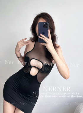 NERNER 爱的优雅*爱心水钻性感聚拢挂脖透网纱包臀塑身短裙套装