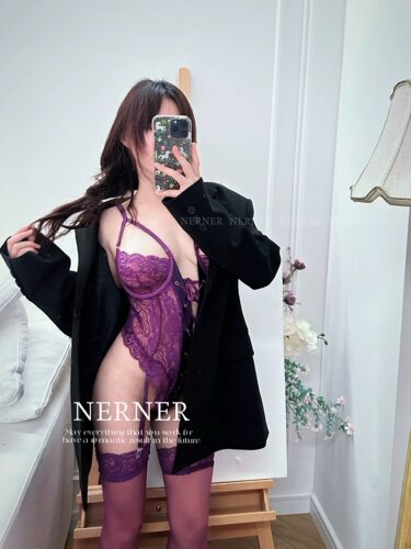 Ner Ner魅紫*性感蕾丝绸面拼接绑带吊带连体衣紫色韵味内衣