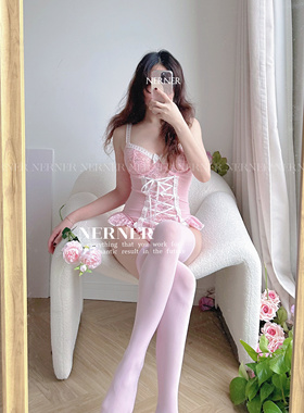 NER【甜粉】柔软蕾丝纯欲聚拢内衣重工绑带性感连体衣 粉