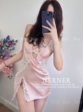 NERNER 愉悦*质感薄款性感显瘦仿真丝玫瑰蕾丝吊带睡裙 聚拢包裹