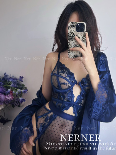 NERNER  高级精致花朵刺绣性感气质连体衣内衣套装女