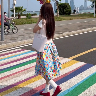 多巴胺蓝碎花高腰A字度假半身裙