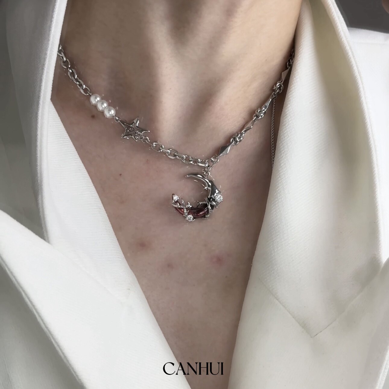 男女红月光项链可调节小众设计