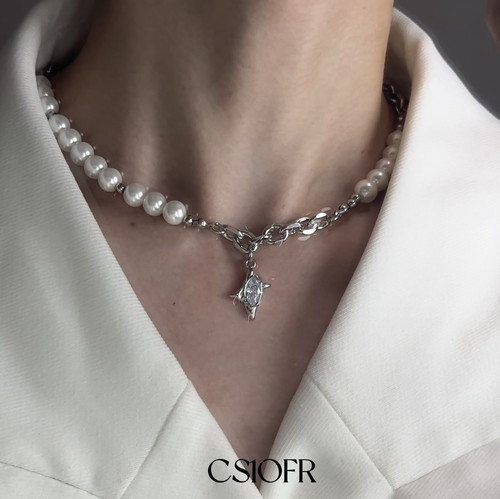 CS1OFR冰裂珍珠项链男女小众设计轻奢气质可调节锁骨链饰品