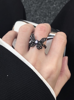 暗黑风蝴蝶紫月光戒指男女小众