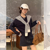 复古拼接长袖 卫衣女2026秋季 新款 藏蓝色设计感美式 配条纹披肩套装