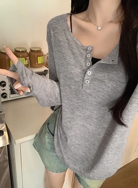 灰色宽松慵懒风早秋长袖防晒空调罩衫T恤女夏季半开领松弛感上衣