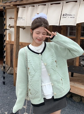 小香风别致刺绣设计绿色毛衣针织开衫女2025秋季新款外穿外套上衣