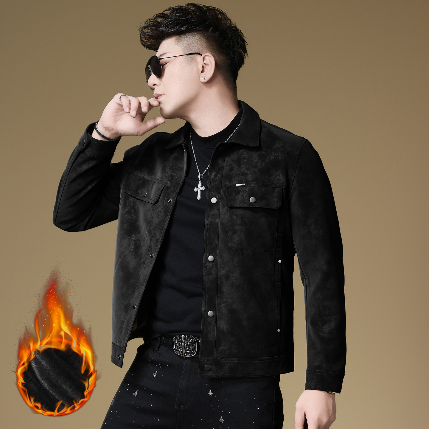 欧洲站2025冬季新款男装皮夹克高级感外套男加绒机车皮衣翻领保暖