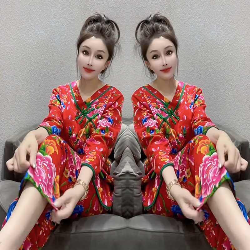 网红爆款东北大花秋冬睡衣女新年喜庆国风盘扣上衣裤子家居服套装