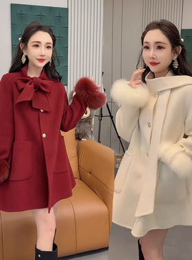 中长款蝴蝶结咖色斗篷大衣显瘦女