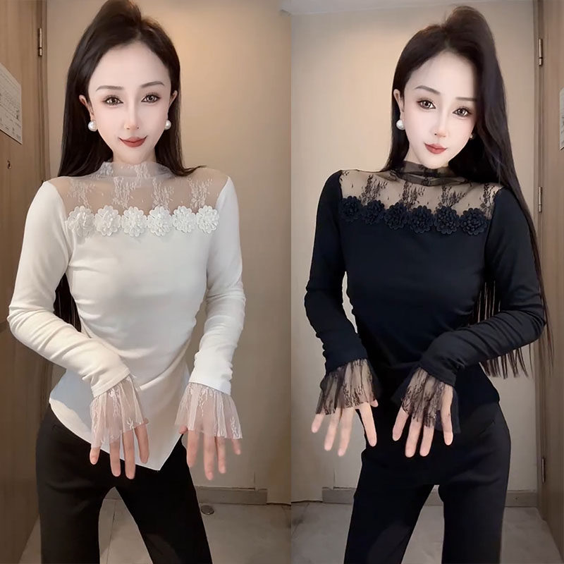长袖洋气半高领蕾丝拼接花朵小衫