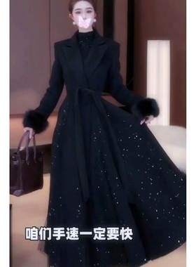 西服领收腰拼接大摆长款呢子大衣