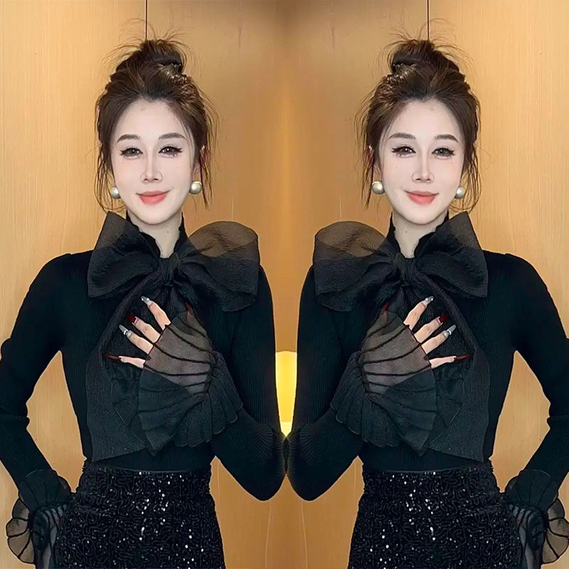 秋冬法式气质蝴蝶结长袖针织衫女设计感修身显瘦别致漂亮百搭上衣