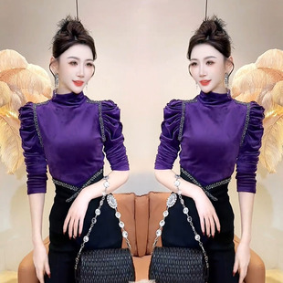 半高领灯笼袖钉钻丝绒打底衫女2024年秋冬款韩版百搭气质内搭上衣