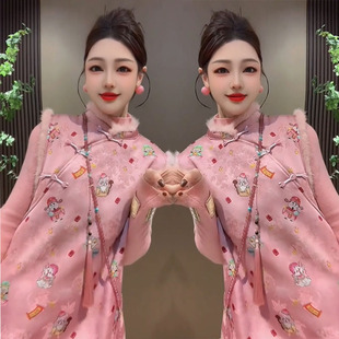 年装 小衫 新中式 旗袍裙 国风复古立领盘口拼毛边印花砍袖 2024冬季