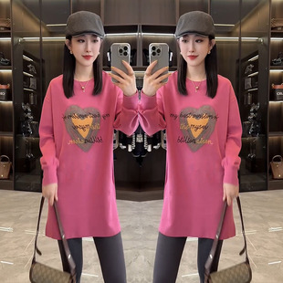 2025秋季新款中长款卫衣女甜美减龄休闲粉色爱心宽松遮肉显瘦大衫